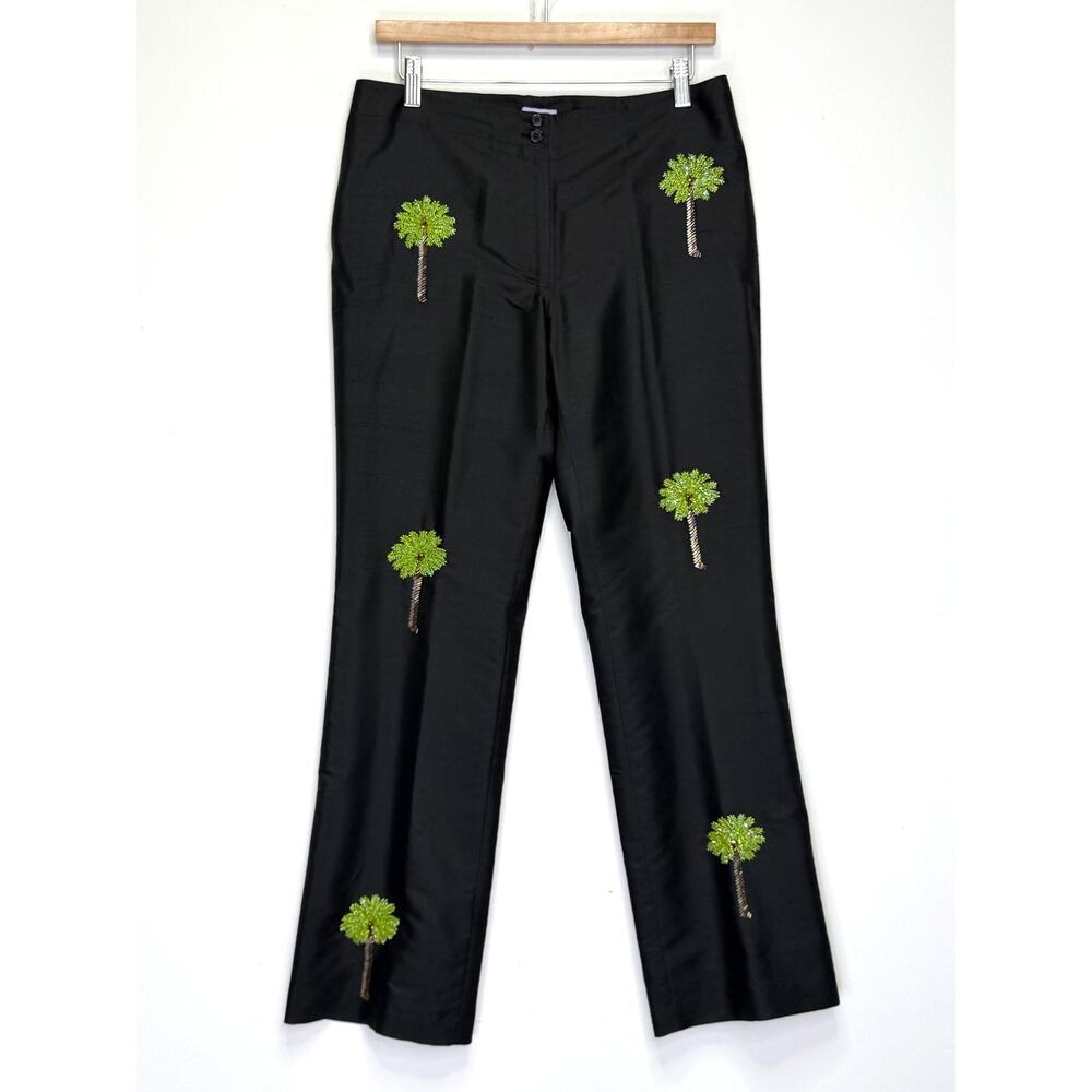 CJ Laing Black Silk Beaded Palm Tree Pants Womens 10 Wide Leg Resort Artwear - Picture 2 of 6